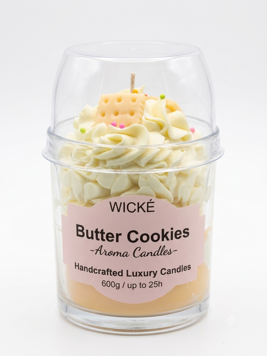 A WICKÉ Butter Cookies aroma candle in a clear glass jar with a clear plastic dome lid. The candle features a layered design with cream-colored frosting swirls, a yellow cracker cookie candle piece on top with small colorful sprinkles, and a pale yellow wax base.