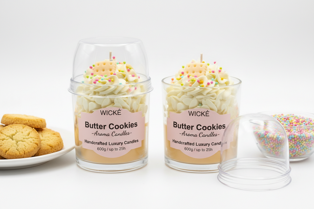 A WICKÉ Butter Cookies aroma candle in a clear glass jar with a clear plastic dome lid. The candle features a layered design with cream-colored frosting swirls, a yellow cracker cookie candle piece on top with small colorful sprinkles, and a pale yellow wax base.