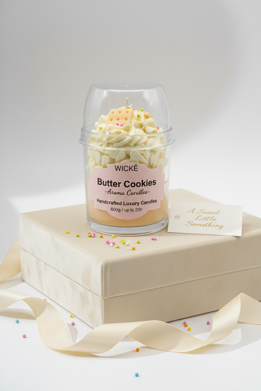 A WICKÉ Butter Cookies aroma candle in a clear glass jar with a clear plastic dome lid. The candle features a layered design with cream-colored frosting swirls, a yellow cracker cookie candle piece on top with small colorful sprinkles, and a pale yellow wax base.