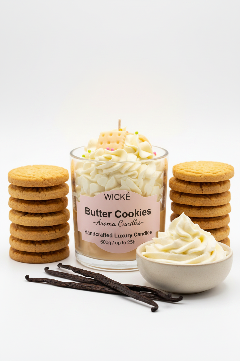 A WICKÉ Butter Cookies aroma candle in a clear glass jar with a clear plastic dome lid. The candle features a layered design with cream-colored frosting swirls, a yellow cracker cookie candle piece on top with small colorful sprinkles, and a pale yellow wax base.