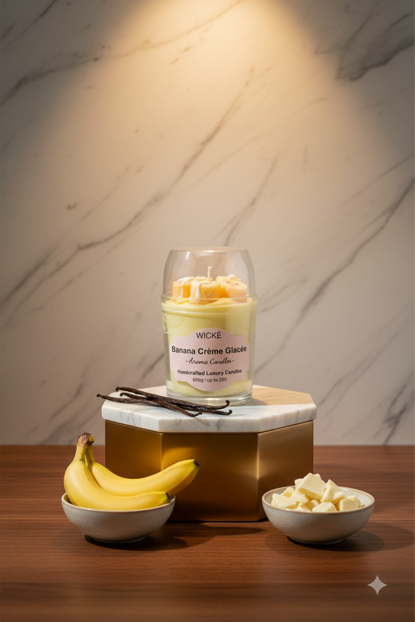 A WICKÉ Banana Crème Glacée aroma candle in a clear glass jar with a clear lid, filled with pale yellow wax and topped with three small yellow banana-shaped wax candles with white drizzle, on a white background.