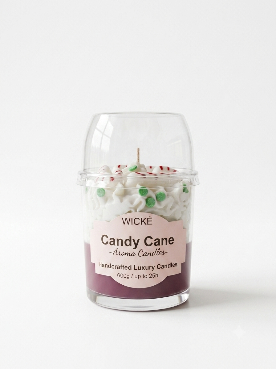 A WICKÉ 'Candy Cane' scented candle in a clear glass jar with a clear plastic dome lid, featuring white wax topped with candy cane and peppermint decorations, and a pink label on a white background.