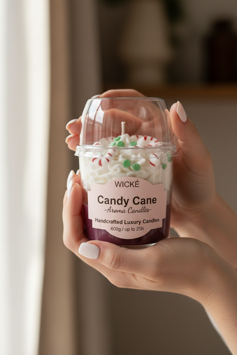 A WICKÉ 'Candy Cane' scented candle in a clear glass jar with a clear plastic dome lid, featuring white wax topped with candy cane and peppermint decorations, and a pink label on a white background.