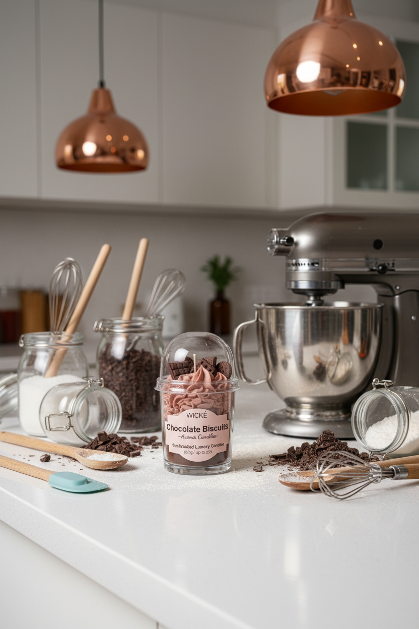 A WICKÉ Chocolate Biscuits aroma candle in a clear glass jar with a clear dome lid, filled with brown frosting and chocolate biscuit-shaped wax pieces, on a light gray background.