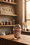 A WICKÉ Chocolate Biscuits aroma candle in a clear glass jar with a clear dome lid, filled with brown frosting and chocolate biscuit-shaped wax pieces, on a light gray background.
