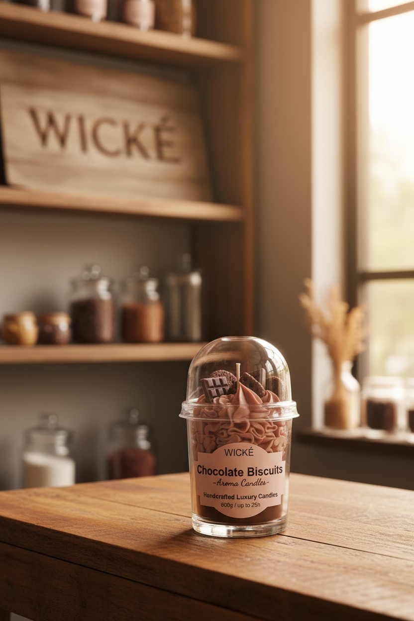 A WICKÉ Chocolate Biscuits aroma candle in a clear glass jar with a clear dome lid, filled with brown frosting and chocolate biscuit-shaped wax pieces, on a light gray background.