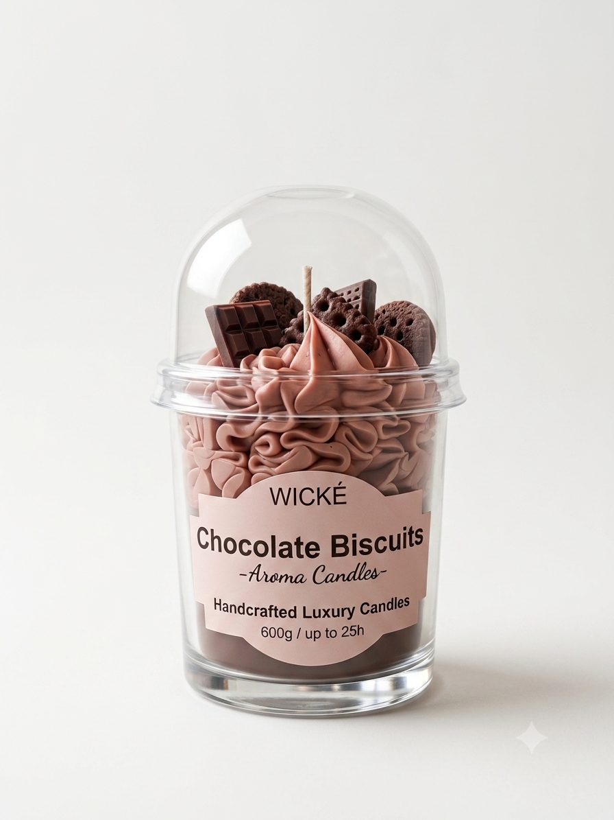 A WICKÉ Chocolate Biscuits aroma candle in a clear glass jar with a clear dome lid, filled with brown frosting and chocolate biscuit-shaped wax pieces, on a light gray background.