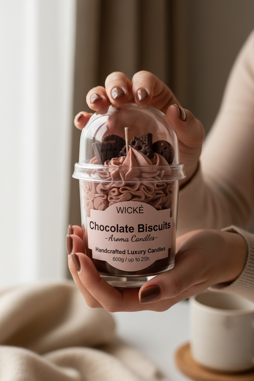 A WICKÉ Chocolate Biscuits aroma candle in a clear glass jar with a clear dome lid, filled with brown frosting and chocolate biscuit-shaped wax pieces, on a light gray background.