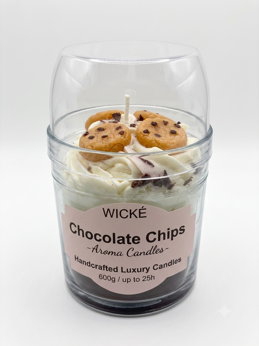 A WICKÉ Chocolate Chips aroma candle in a clear jar with a white wax base, decorated with white drizzle and chocolate chip cookies on top, under a clear protective dome lid.