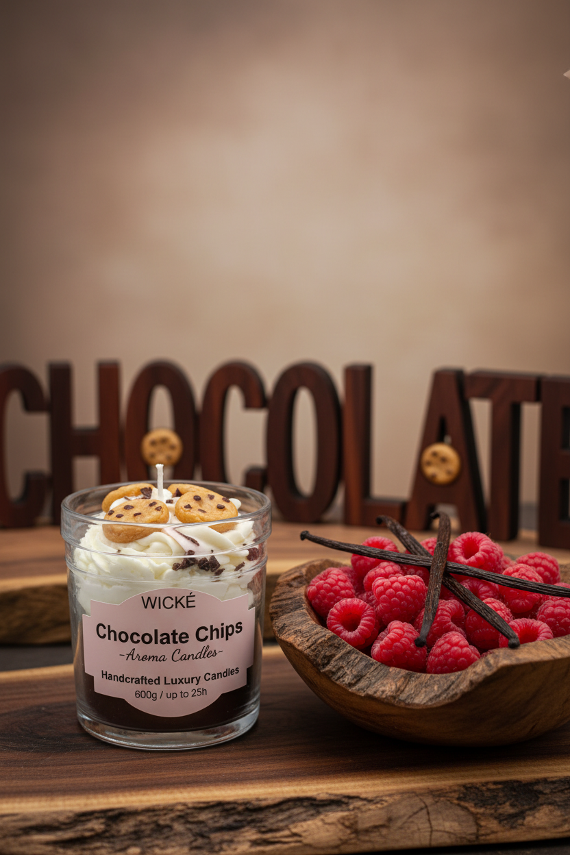 A WICKÉ Chocolate Chips aroma candle in a clear jar with a white wax base, decorated with white drizzle and chocolate chip cookies on top, under a clear protective dome lid.