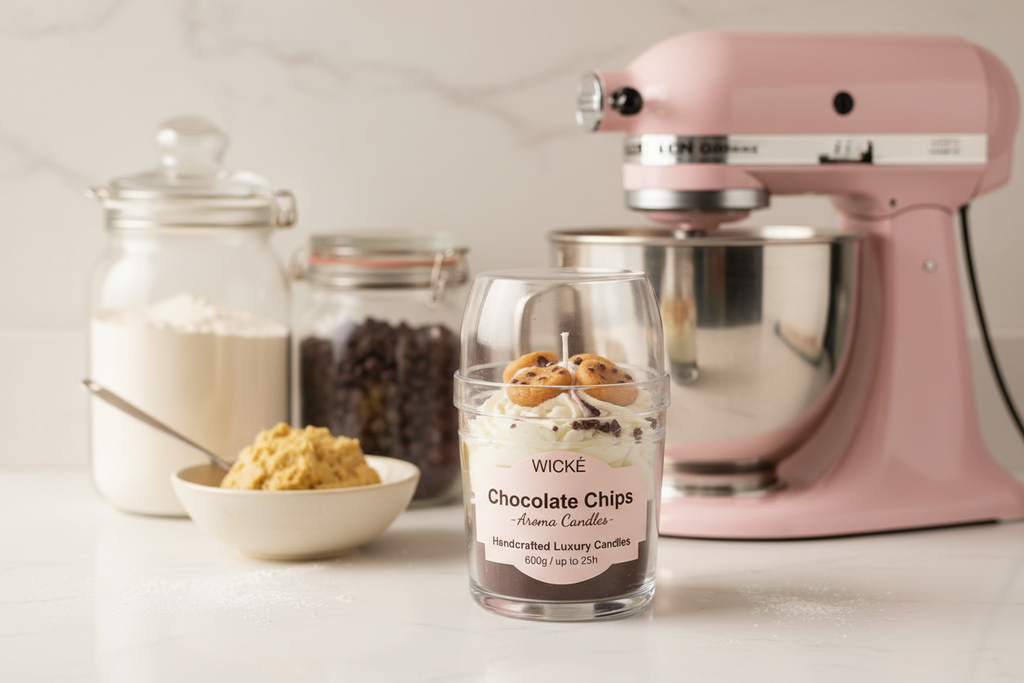 A WICKÉ Chocolate Chips aroma candle in a clear jar with a white wax base, decorated with white drizzle and chocolate chip cookies on top, under a clear protective dome lid.