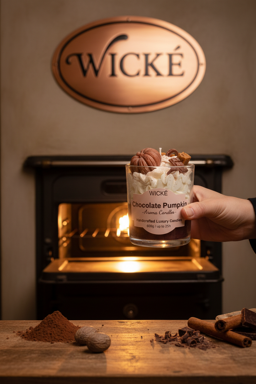 A WICKÉ 'Chocolate Pumpkin' scented candle in a clear glass jar, filled with layers of cream-colored wax, white flower petals, and topped with decorative wax pumpkins and chocolate pieces, set against a plain white background.