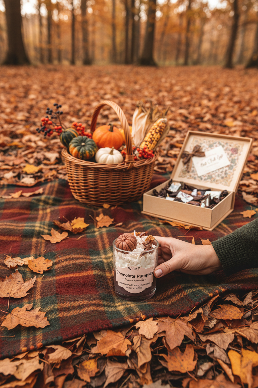 A WICKÉ 'Chocolate Pumpkin' scented candle in a clear glass jar, filled with layers of cream-colored wax, white flower petals, and topped with decorative wax pumpkins and chocolate pieces, set against a plain white background.