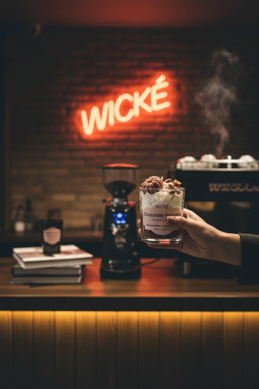 A WICKÉ 'Chocolate Pumpkin' scented candle in a clear glass jar, filled with layers of cream-colored wax, white flower petals, and topped with decorative wax pumpkins and chocolate pieces, set against a plain white background.