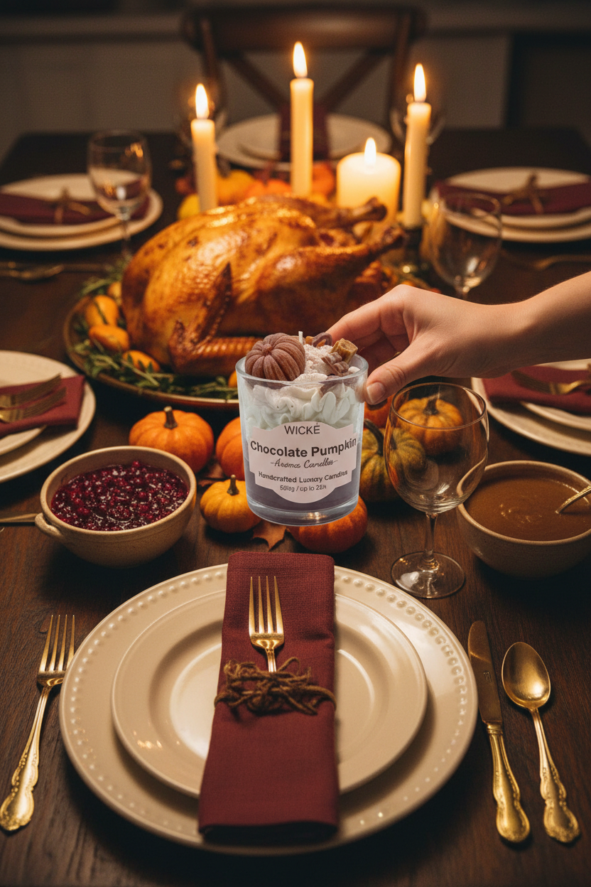 A WICKÉ 'Chocolate Pumpkin' scented candle in a clear glass jar, filled with layers of cream-colored wax, white flower petals, and topped with decorative wax pumpkins and chocolate pieces, set against a plain white background.