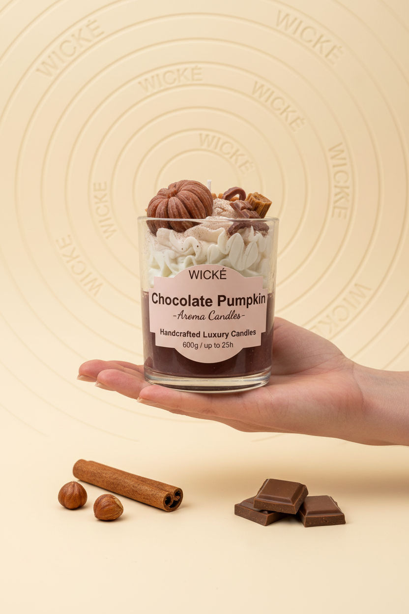 A WICKÉ 'Chocolate Pumpkin' scented candle in a clear glass jar, filled with layers of cream-colored wax, white flower petals, and topped with decorative wax pumpkins and chocolate pieces, set against a plain white background.