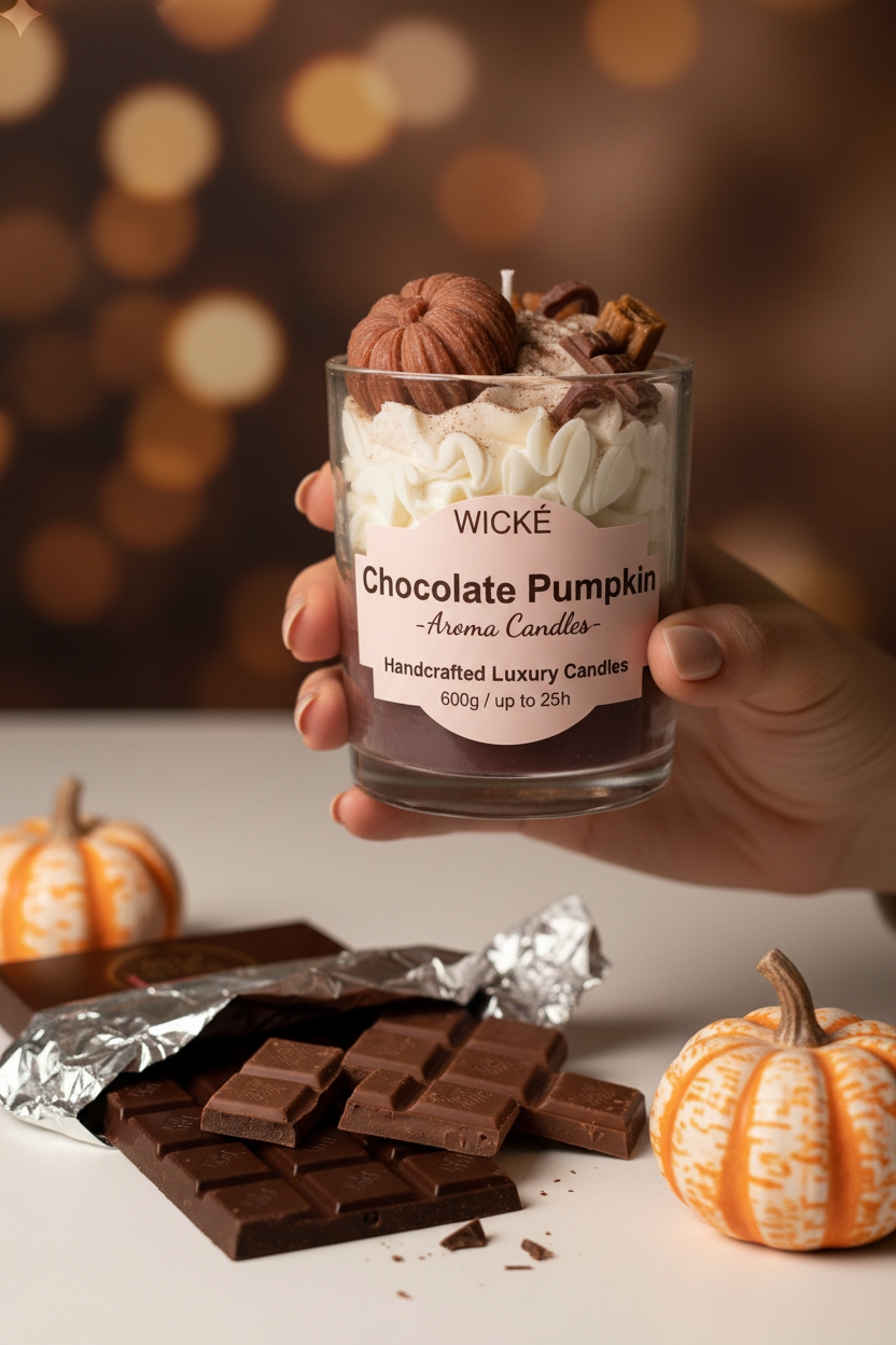 A WICKÉ 'Chocolate Pumpkin' scented candle in a clear glass jar, filled with layers of cream-colored wax, white flower petals, and topped with decorative wax pumpkins and chocolate pieces, set against a plain white background.