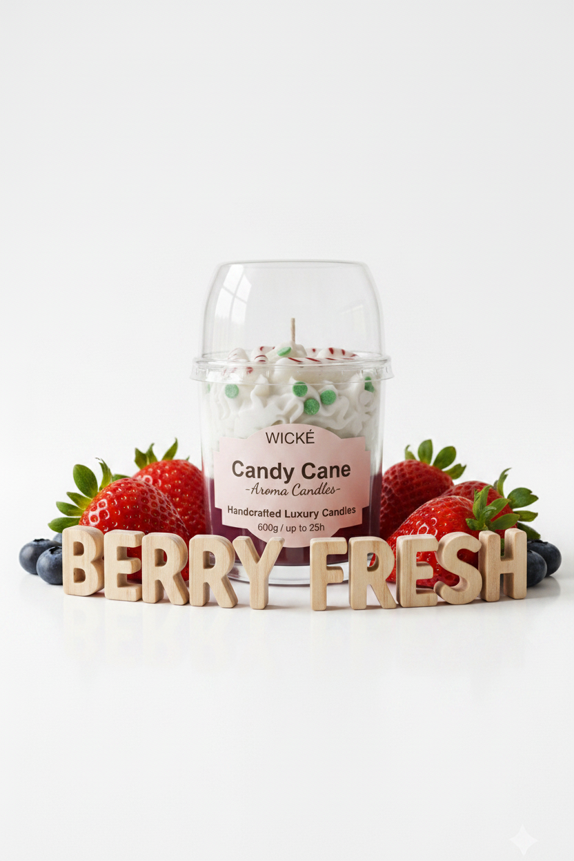 A WICKÉ 'Candy Cane' scented candle in a clear glass jar with a clear plastic dome lid, featuring white wax topped with candy cane and peppermint decorations, and a pink label on a white background.
