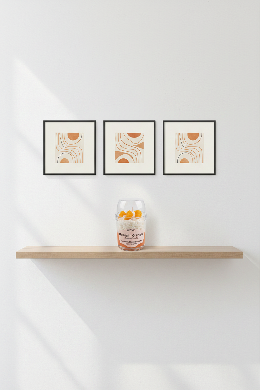 A WICKÉ 'Mandarin Oranges' scented candle in a clear glass jar with a clear glass dome lid, filled with white wax and topped with three orange mandarin segments, on a white background.