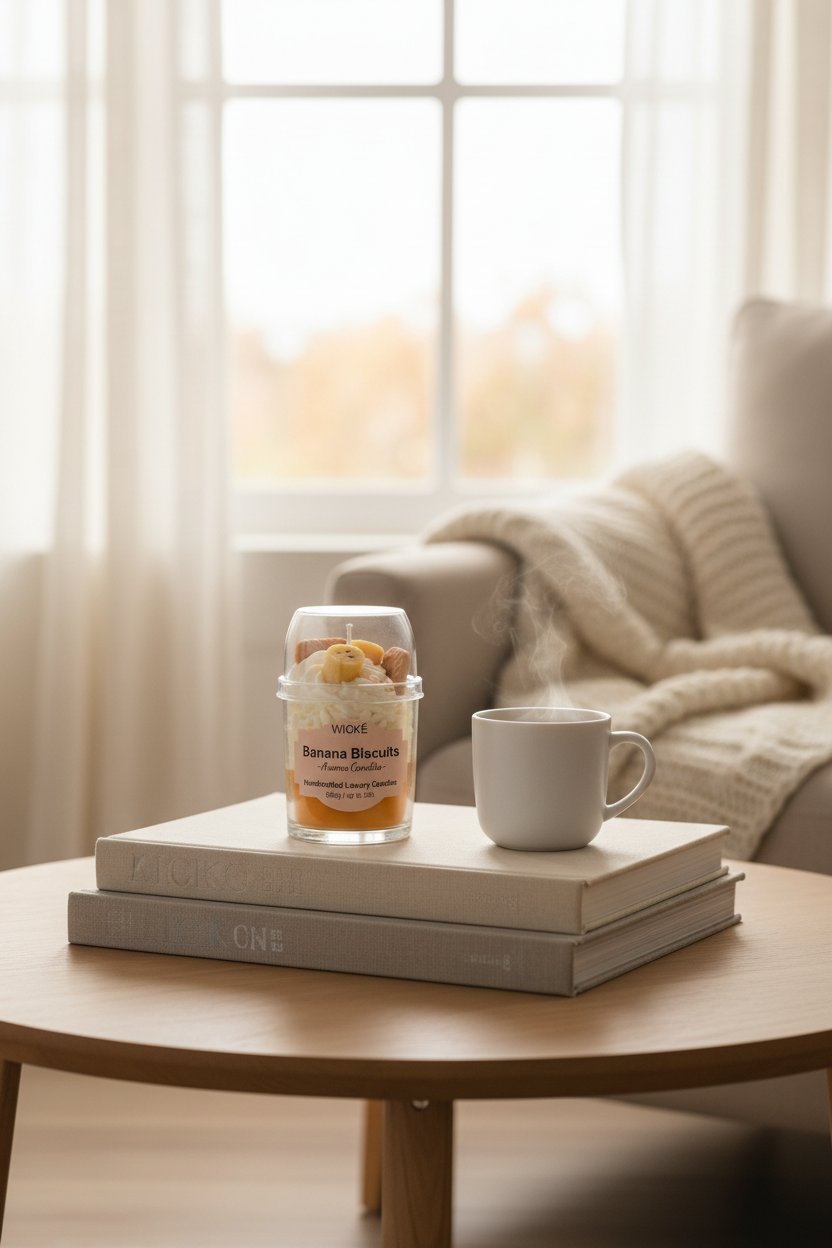 A WICKÉ Banana Biscuits aroma candle in a clear glass jar with a clear lid, filled with white wax and topped with a banana-shaped candle and biscuit decorations, on a white background.
