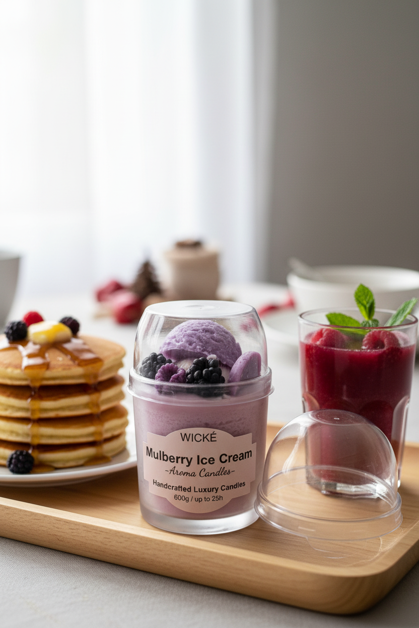 A WICKÉ Mulberry Ice Cream aroma candle in a clear plastic tub with a clear domed lid, decorated with purple ice cream scoops and blackberries, on a white background.