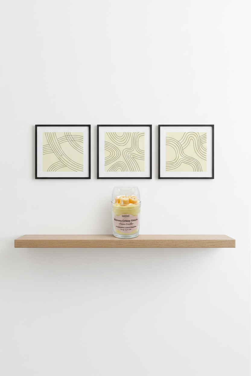 A WICKÉ Banana Crème Glacée aroma candle in a clear glass jar with a clear lid, filled with pale yellow wax and topped with three small yellow banana-shaped wax candles with white drizzle, on a white background.