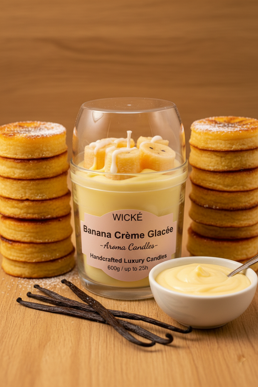 A WICKÉ Banana Crème Glacée aroma candle in a clear glass jar with a clear lid, filled with pale yellow wax and topped with three small yellow banana-shaped wax candles with white drizzle, on a white background.