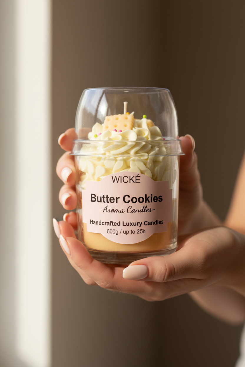 A WICKÉ Butter Cookies aroma candle in a clear glass jar with a clear plastic dome lid. The candle features a layered design with cream-colored frosting swirls, a yellow cracker cookie candle piece on top with small colorful sprinkles, and a pale yellow wax base.