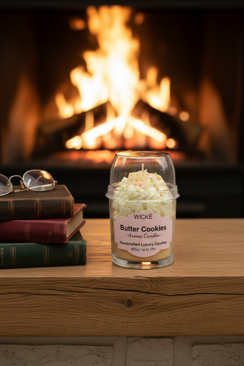 A WICKÉ Butter Cookies aroma candle in a clear glass jar with a clear plastic dome lid. The candle features a layered design with cream-colored frosting swirls, a yellow cracker cookie candle piece on top with small colorful sprinkles, and a pale yellow wax base.