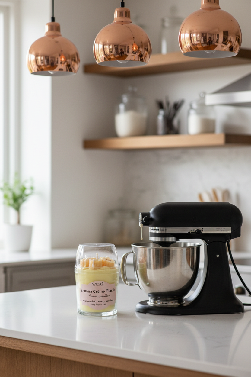 A WICKÉ Banana Crème Glacée aroma candle in a clear glass jar with a clear lid, filled with pale yellow wax and topped with three small yellow banana-shaped wax candles with white drizzle, on a white background.