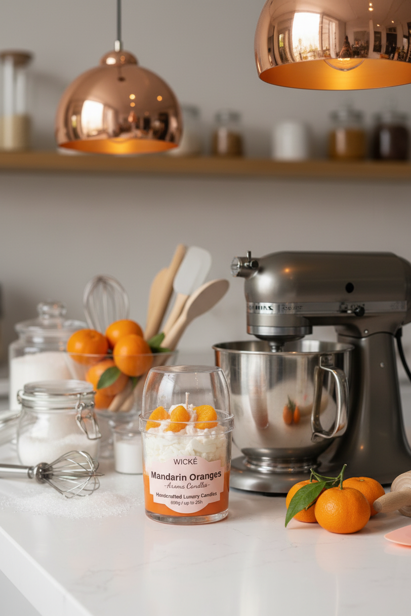 A WICKÉ 'Mandarin Oranges' scented candle in a clear glass jar with a clear glass dome lid, filled with white wax and topped with three orange mandarin segments, on a white background.