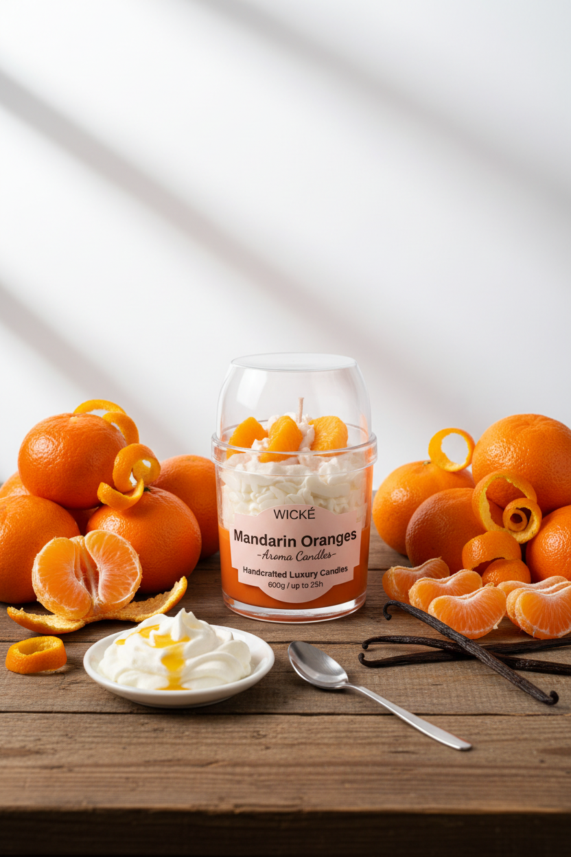 A WICKÉ 'Mandarin Oranges' scented candle in a clear glass jar with a clear glass dome lid, filled with white wax and topped with three orange mandarin segments, on a white background.