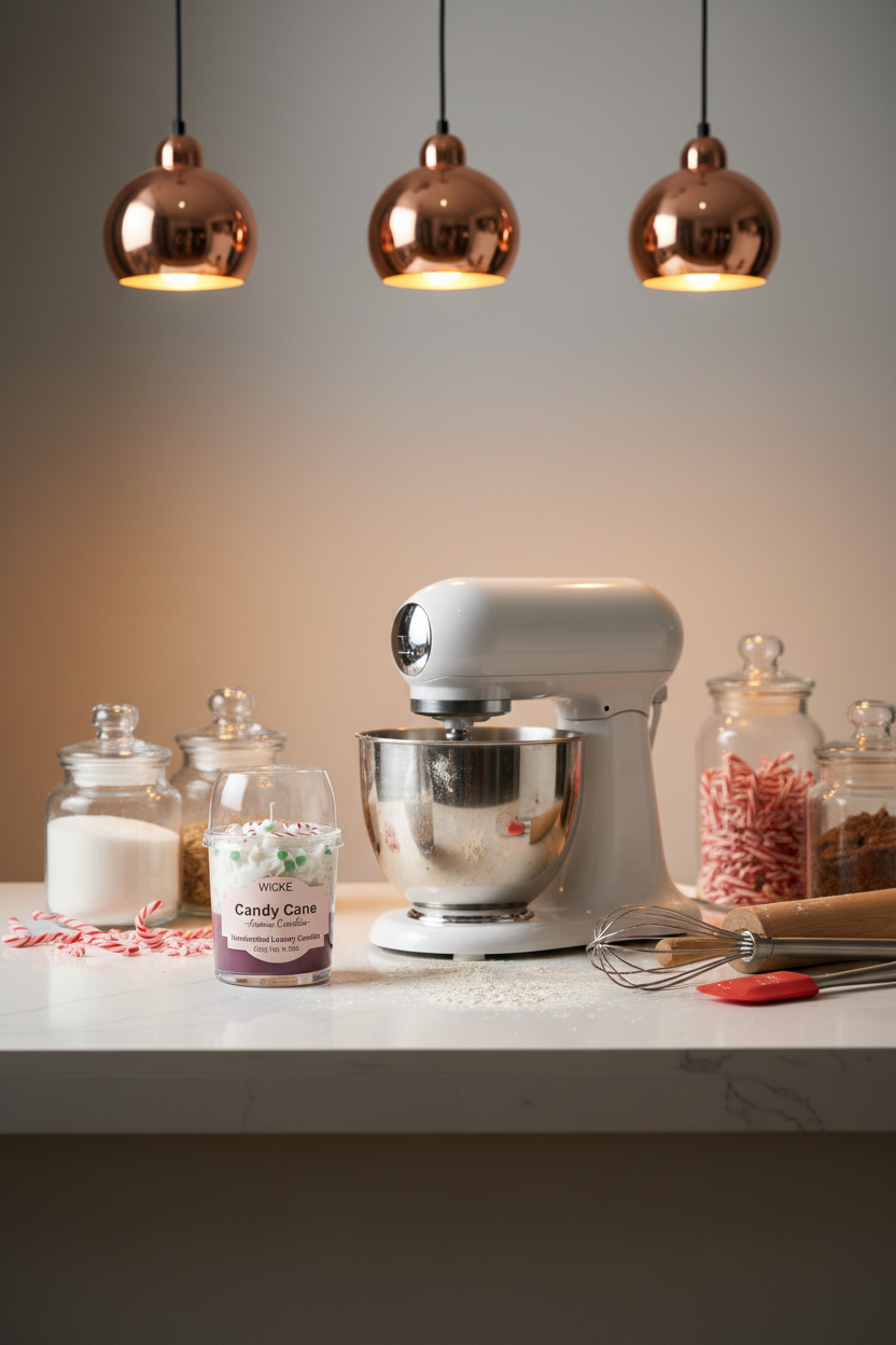A WICKÉ 'Candy Cane' scented candle in a clear glass jar with a clear plastic dome lid, featuring white wax topped with candy cane and peppermint decorations, and a pink label on a white background.