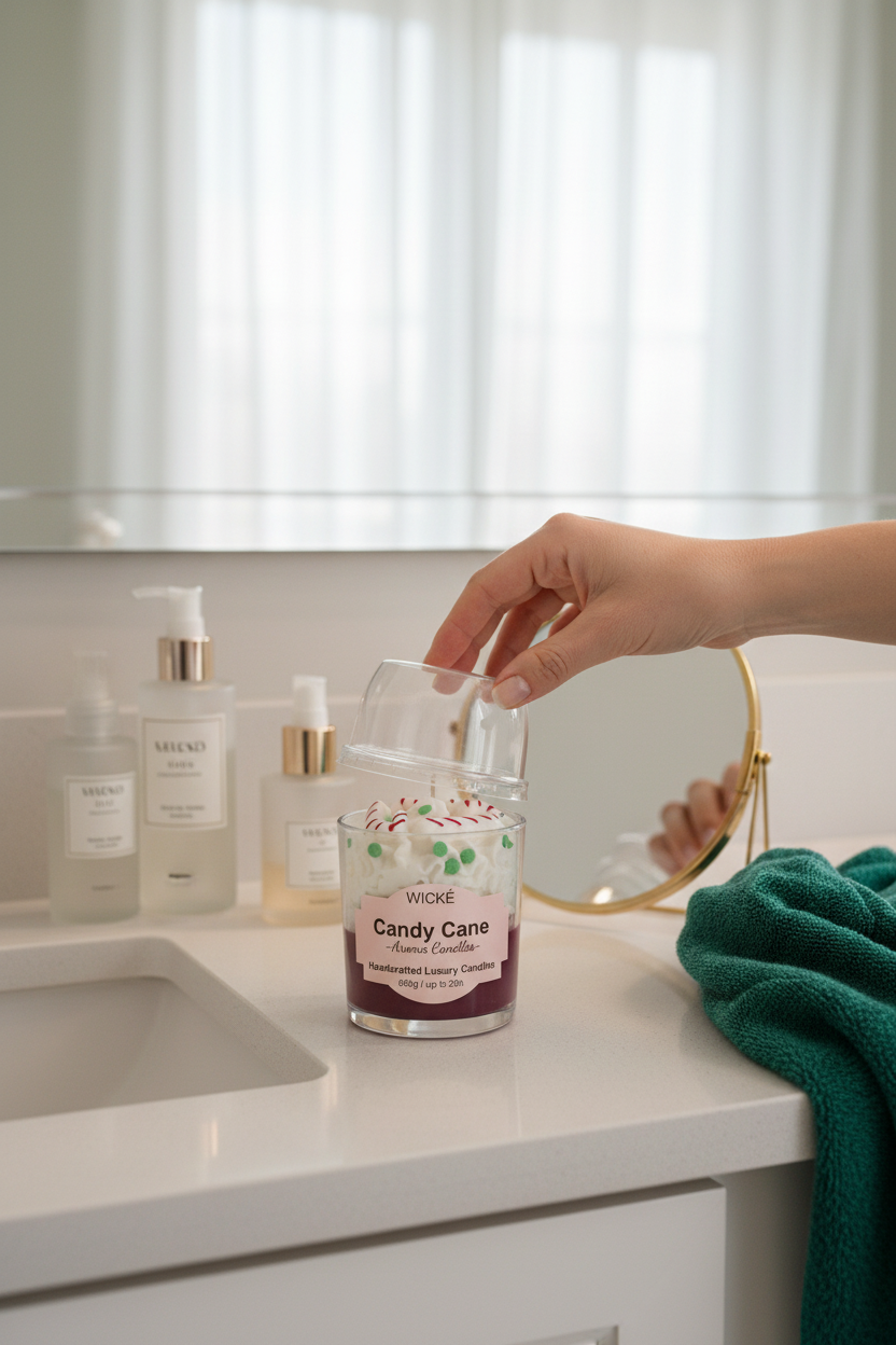 A WICKÉ 'Candy Cane' scented candle in a clear glass jar with a clear plastic dome lid, featuring white wax topped with candy cane and peppermint decorations, and a pink label on a white background.