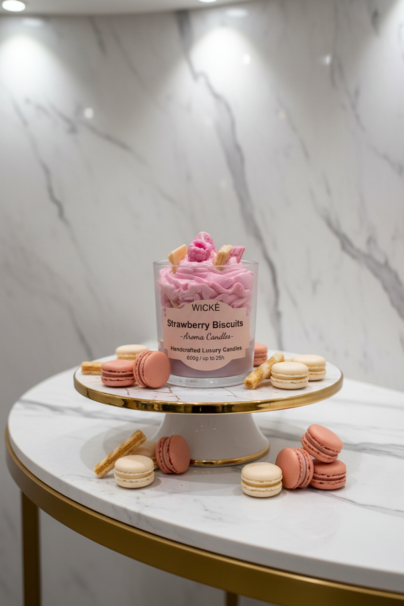 A WICKÉ Strawberry Biscuits aroma candle in a clear glass jar, filled with pink wax and topped with miniature pink and beige biscuits, on a white background.