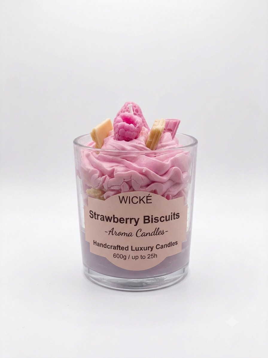 A WICKÉ Strawberry Biscuits aroma candle in a clear glass jar, filled with pink wax and topped with miniature pink and beige biscuits, on a white background.