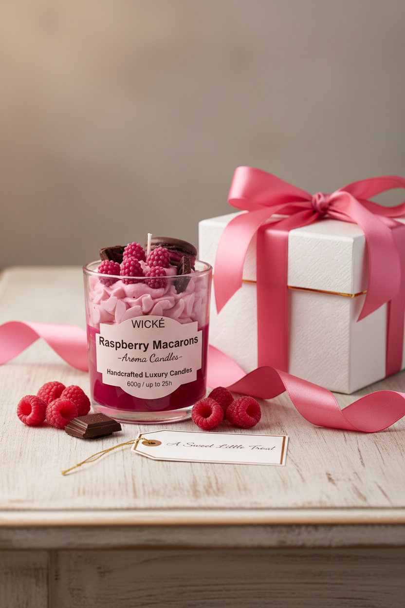 A Raspberry Macrons scented candle by WICKÉ in a clear glass jar, decorated with pink whipped wax, dark red raspberries, and chocolate cookie pieces on top, set against a plain white background.