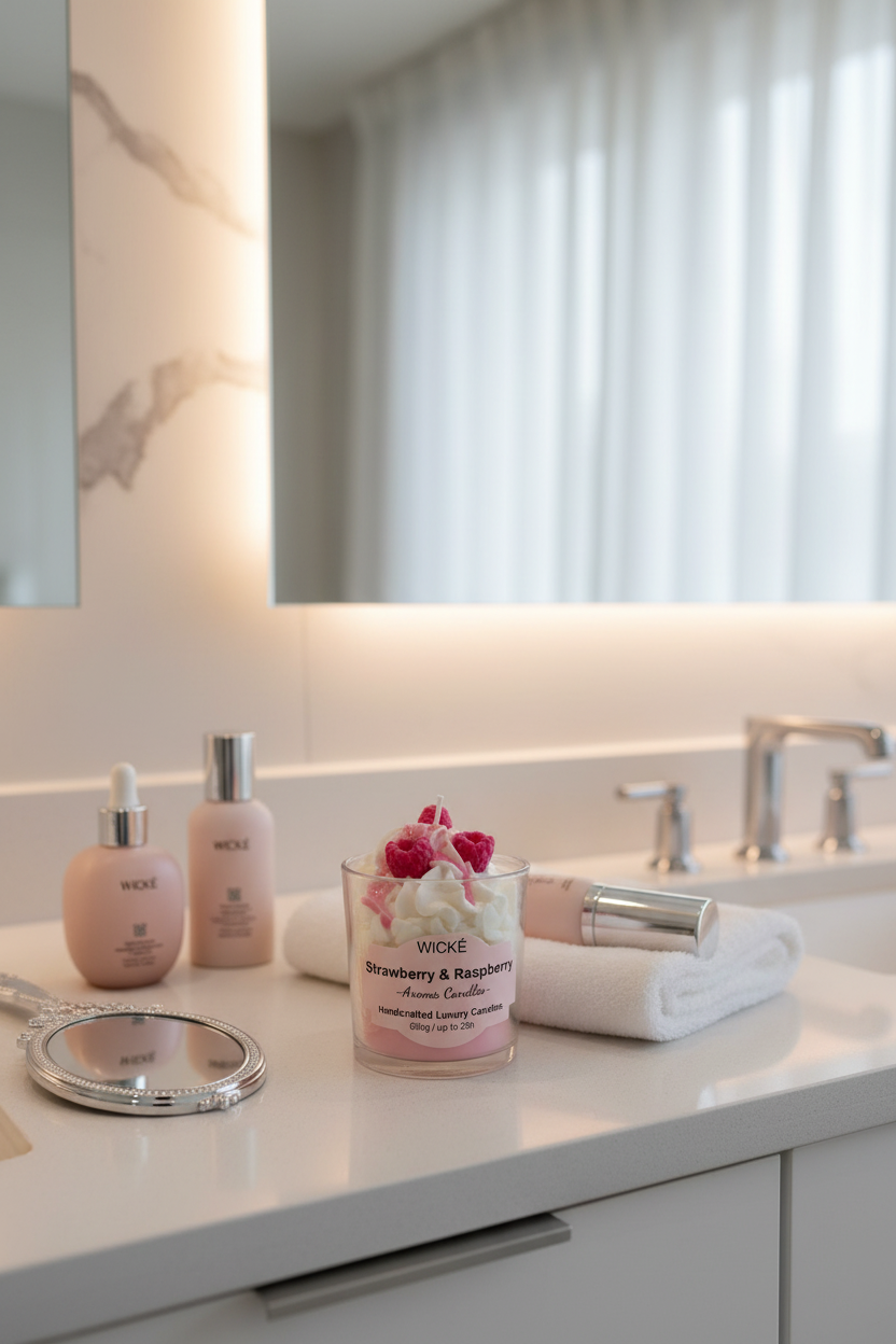 A WICKÉ Strawberry & Raspberry aroma candle in a clear glass jar with a white and pink label, topped with white wax swirls and two pink raspberry decorations under a clear dome lid, on a white background.