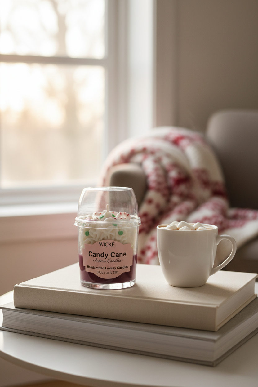 A WICKÉ 'Candy Cane' scented candle in a clear glass jar with a clear plastic dome lid, featuring white wax topped with candy cane and peppermint decorations, and a pink label on a white background.