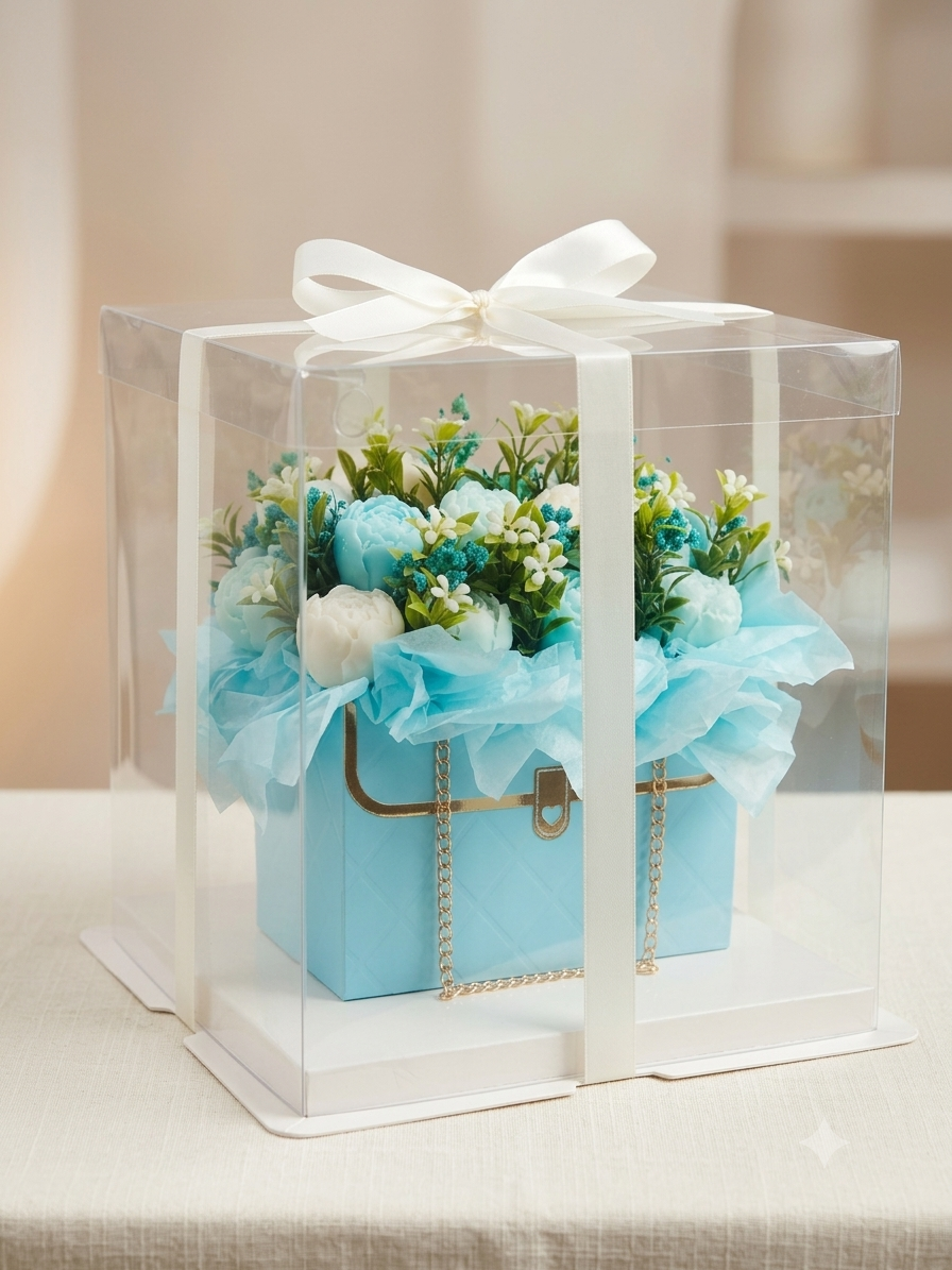 Handcrafted light blue quilted purse candle overflowing with a matching ocean blue and white botanical floral arrangement, showcased inside a premium clear acrylic display box wrapped in a white ribbon.