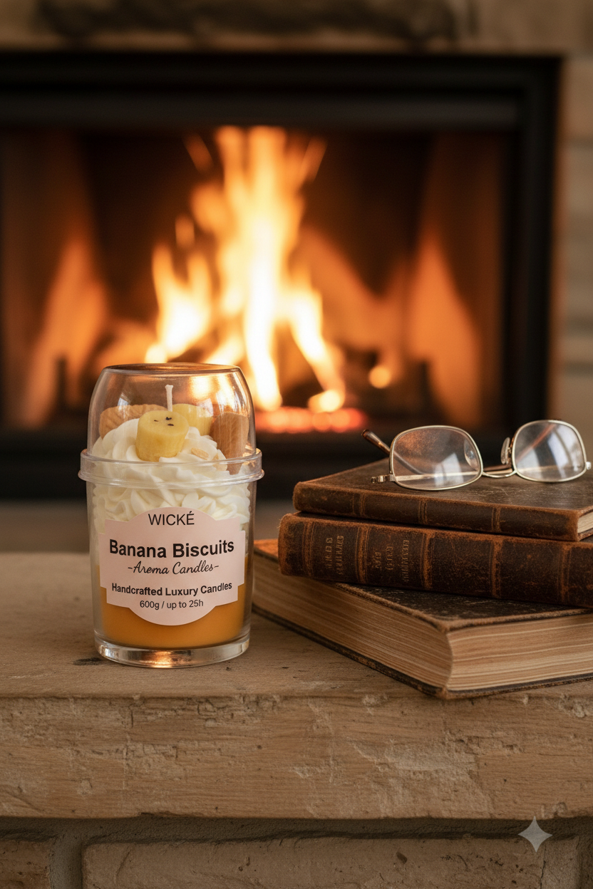 A WICKÉ Banana Biscuits aroma candle in a clear glass jar with a clear lid, filled with white wax and topped with a banana-shaped candle and biscuit decorations, on a white background.