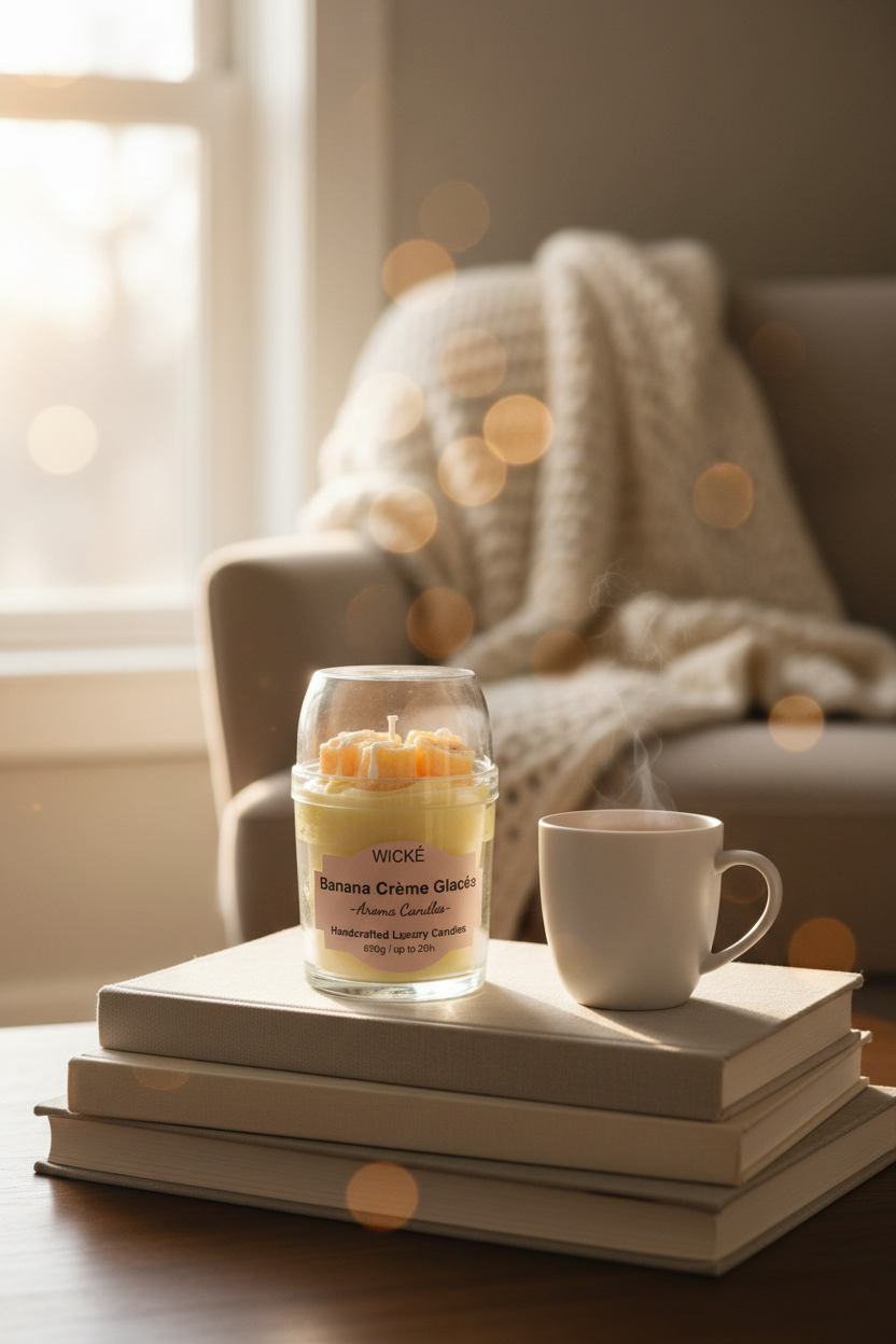 A WICKÉ Banana Crème Glacée aroma candle in a clear glass jar with a clear lid, filled with pale yellow wax and topped with three small yellow banana-shaped wax candles with white drizzle, on a white background.