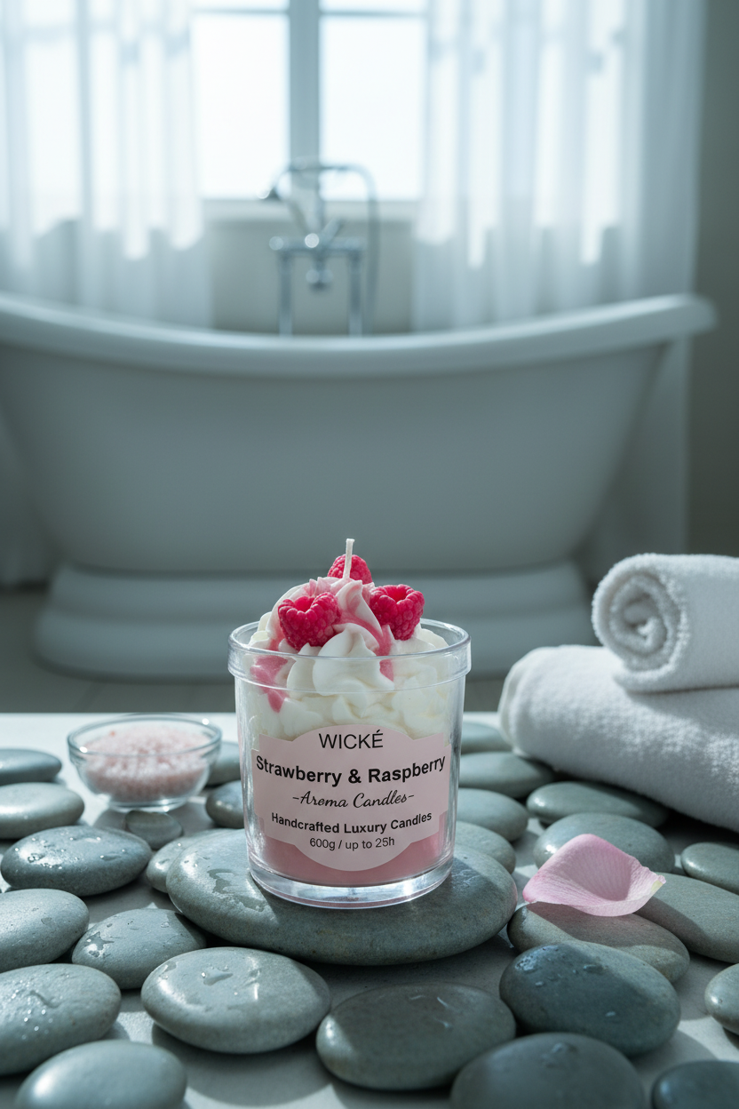 A WICKÉ Strawberry & Raspberry aroma candle in a clear glass jar with a white and pink label, topped with white wax swirls and two pink raspberry decorations under a clear dome lid, on a white background.