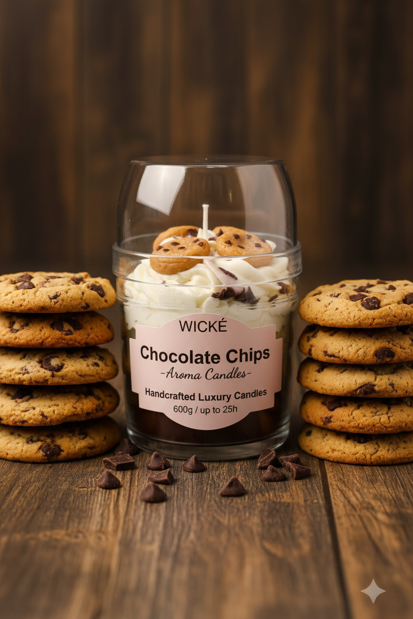 A WICKÉ Chocolate Chips aroma candle in a clear jar with a white wax base, decorated with white drizzle and chocolate chip cookies on top, under a clear protective dome lid.