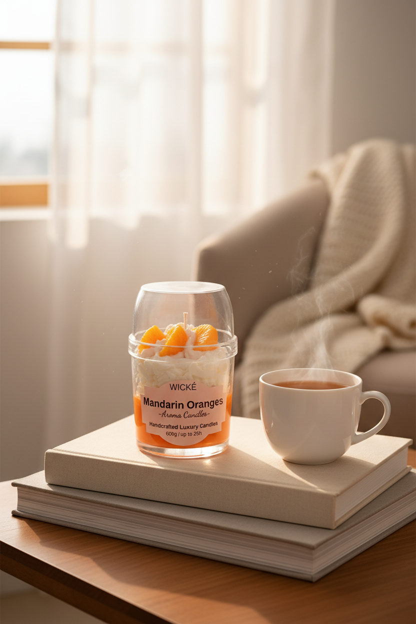 A WICKÉ 'Mandarin Oranges' scented candle in a clear glass jar with a clear glass dome lid, filled with white wax and topped with three orange mandarin segments, on a white background.