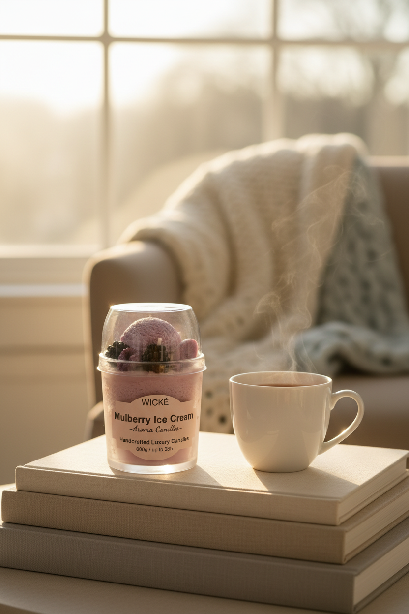 A WICKÉ Mulberry Ice Cream aroma candle in a clear plastic tub with a clear domed lid, decorated with purple ice cream scoops and blackberries, on a white background.