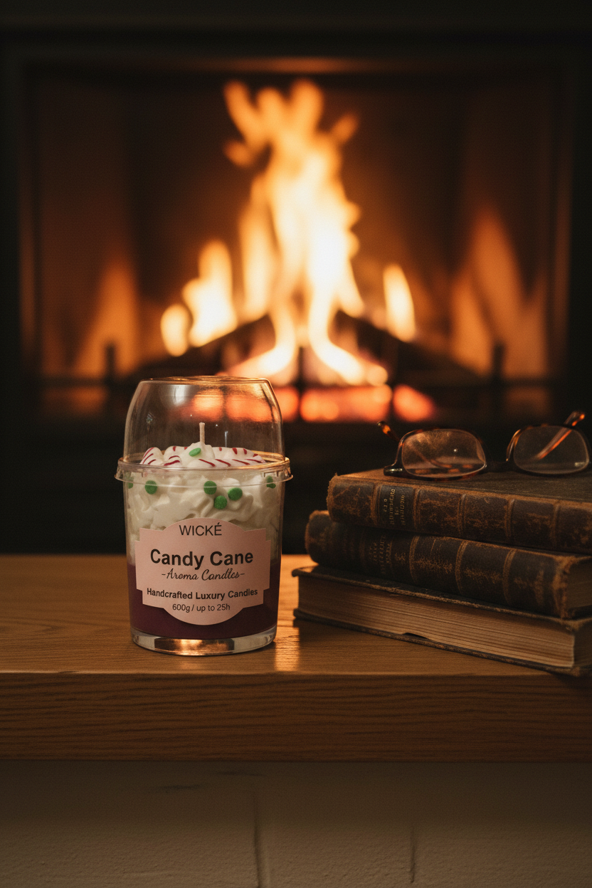 A WICKÉ 'Candy Cane' scented candle in a clear glass jar with a clear plastic dome lid, featuring white wax topped with candy cane and peppermint decorations, and a pink label on a white background.