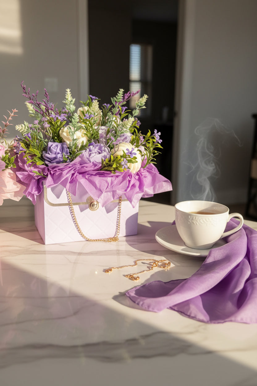 A purple faux flower arrangement in a lavender gift box with purple tissue paper and a gold chain, displayed on a table in a shop setting.
