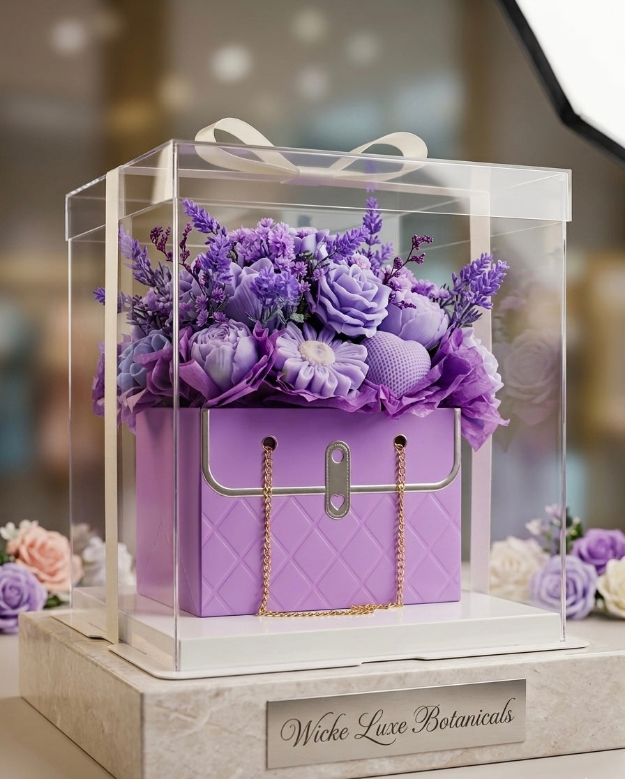 Handcrafted purple quilted purse candle overflowing with a matching lavender and purple botanical floral arrangement, showcased inside a premium clear acrylic display box on a Wicke Luxe Botanicals branded base.