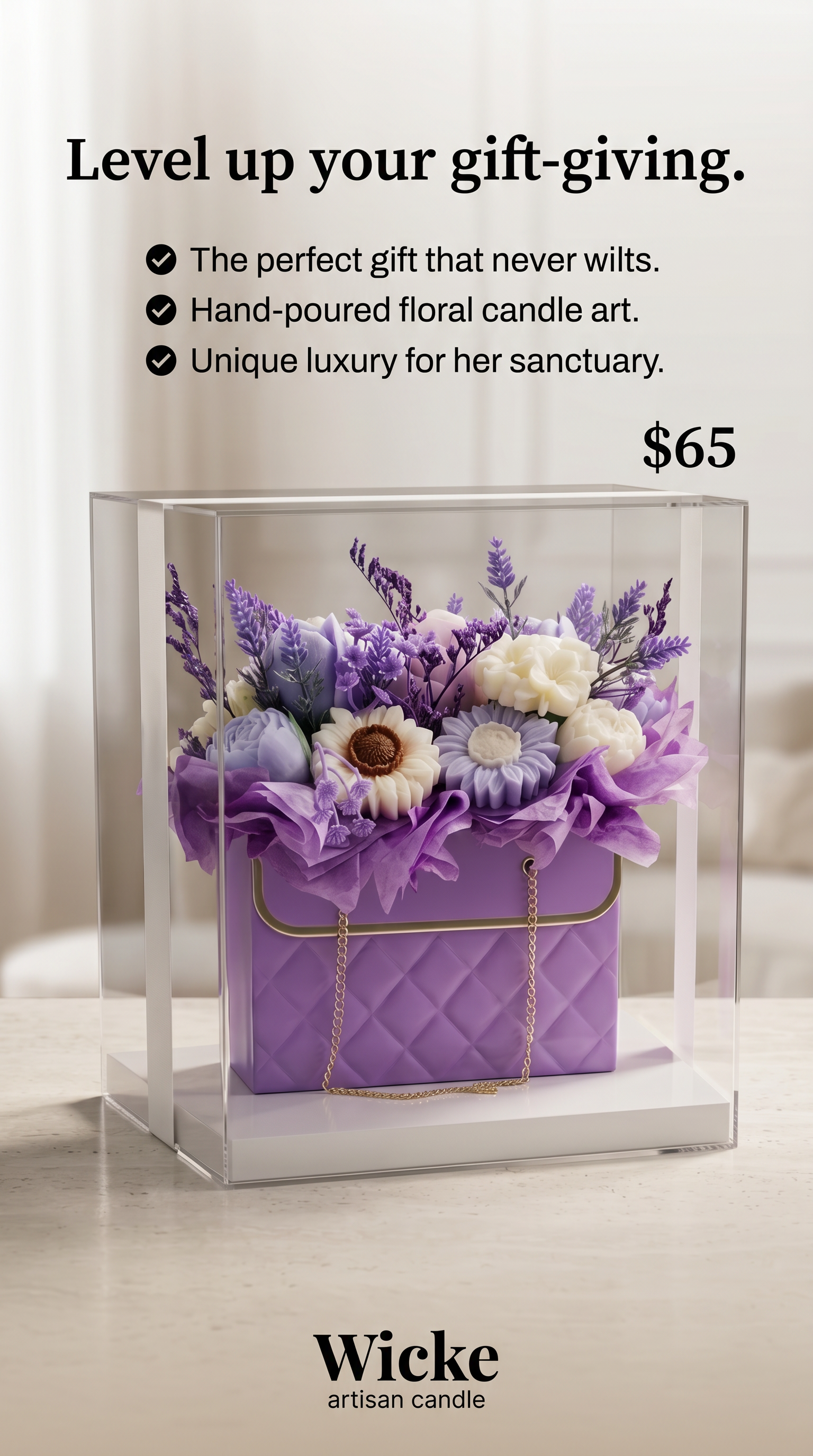 Promotional product graphic for Wicke Artisan Candle featuring the purple quilted purse floral candle bouquet in an acrylic display box. Text reads: Level up your gift-giving. The perfect gift that never wilts. Hand-poured floral candle art. Unique luxury for her sanctuary. Listed at sixty-five dollars.
